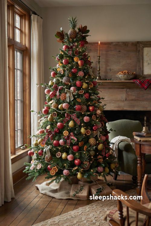heritage fruit christmas tree with apples pears pineapples dried oranges and vintage plaid ribbon