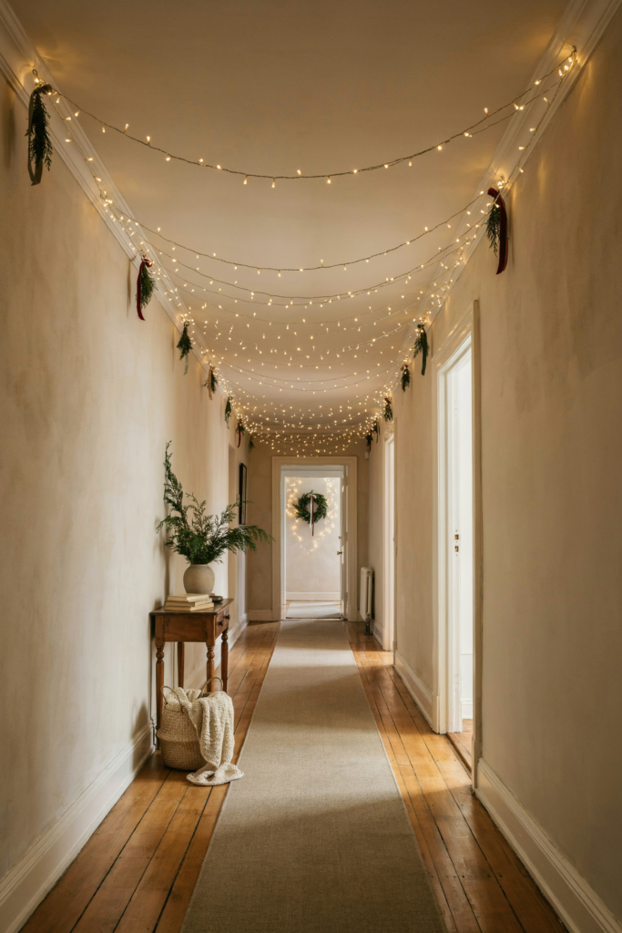 Christmas hallway light canopy with warm white fairy lights