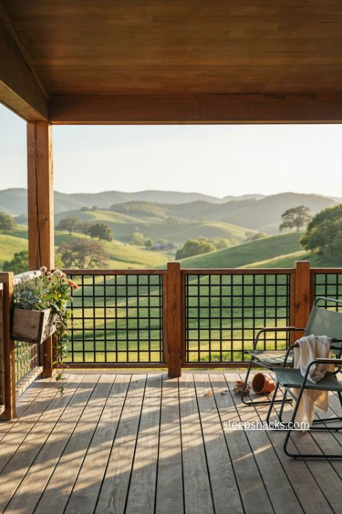 hog wire deck railing with cedar posts and open landscape view