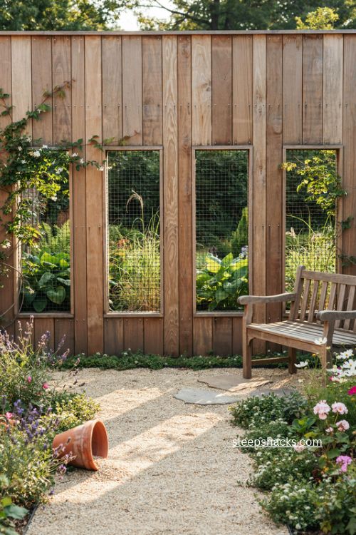 hog wire fence accent panels with wood framing and garden views