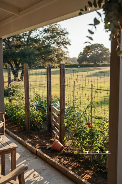 hog wire fence garden ideas with tomato vines and wooden posts