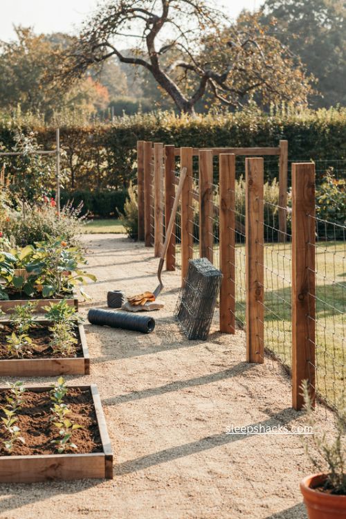 hog wire fence planning ideas with cedar posts and garden rails
