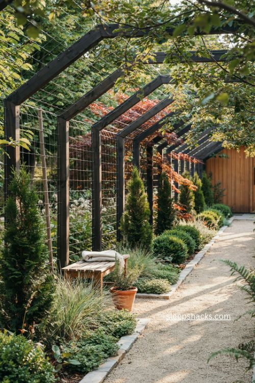 hog wire fence screened with evergreen trees and layered shrubs
