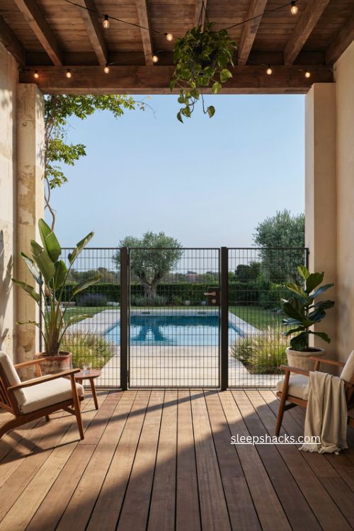 hog wire pool fence with patio plants and evening string lights