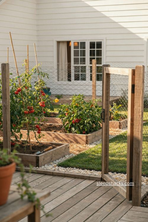 hog wire vegetable garden enclosure to protect tomatoes and peppers