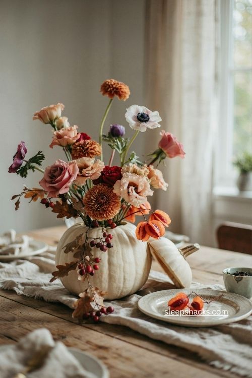 hollowed white pumpkin vase with spray roses mums anemones and autumn berries 