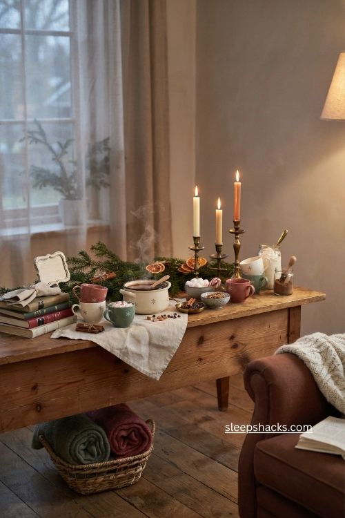 hot chocolate bar christmas book club party with cozy mugs marshmallows cookies and holiday decor 