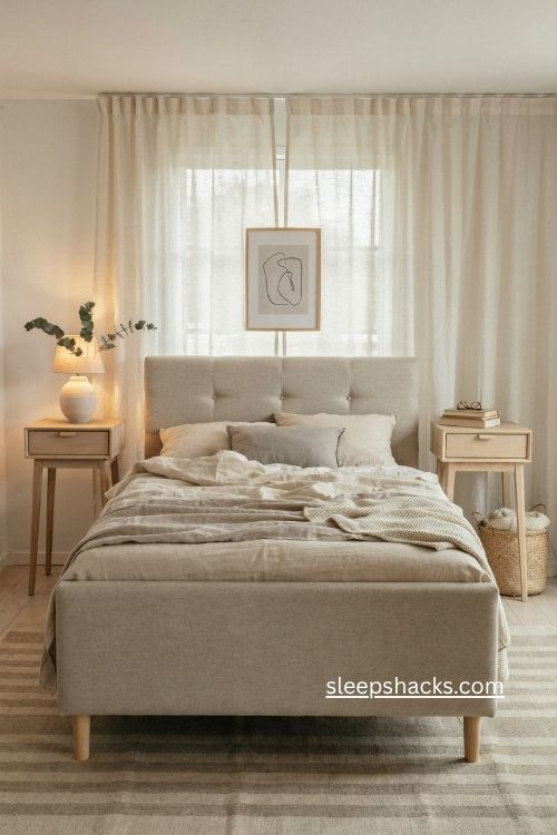 ikea bed frame cover with soft neutral upholstered bedroom decor