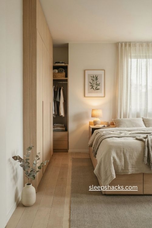 ikea bedroom ideas with cozy custom storage and soft neutral decor