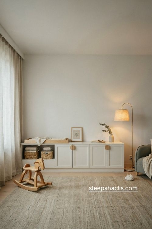 ikea besta nursery storage with neutral doors and wood handles