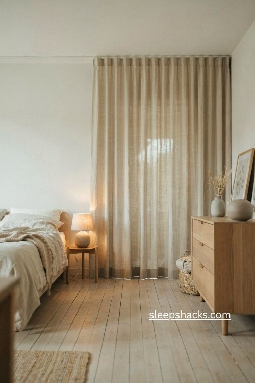ikea clothes rail hidden behind a linen curtain for bedroom storage