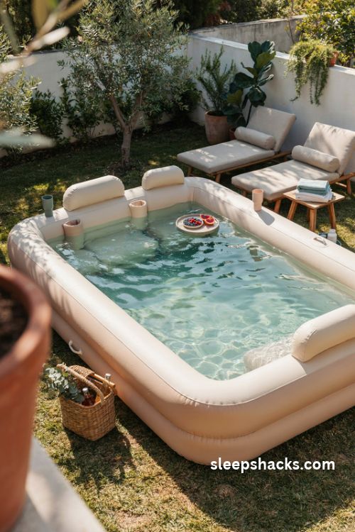 inflatable lounge pool with built in seats and cup holders for relaxing summer evenings