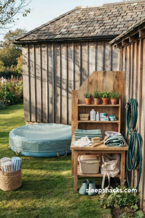 inflatable pool care and storage setup with protective cover and organized summer supplies