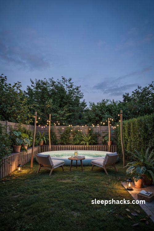 inflatable pool with warm string lights for a cozy backyard evening retreat