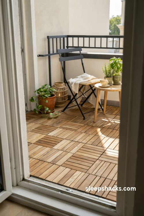 interlocking acacia deck tiles for a cozy renter friendly balcony floor