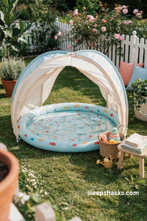 kids inflatable splash pool with built in shade canopy for a fun backyard summer
