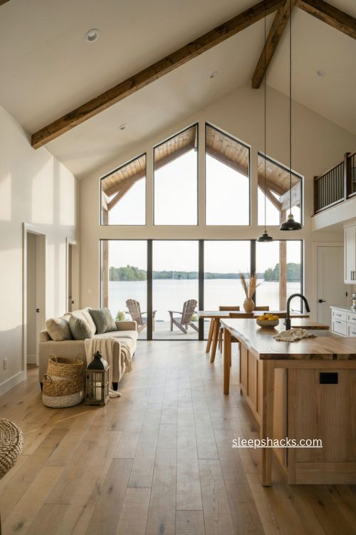 lake house barndominium floor plan with wall of windows open kitchen and wraparound porch 