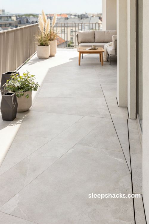 large format light gray porcelain slabs for a modern spacious balcony floor