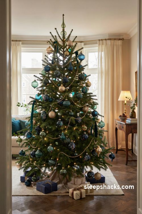 lavish glass christmas ornaments in emerald green midnight blue and champagne gold on an elegant tree