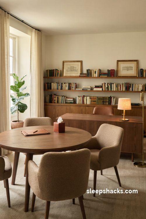 lawyer office decor with a round walnut meeting table and comfortable chairs for private client conversations