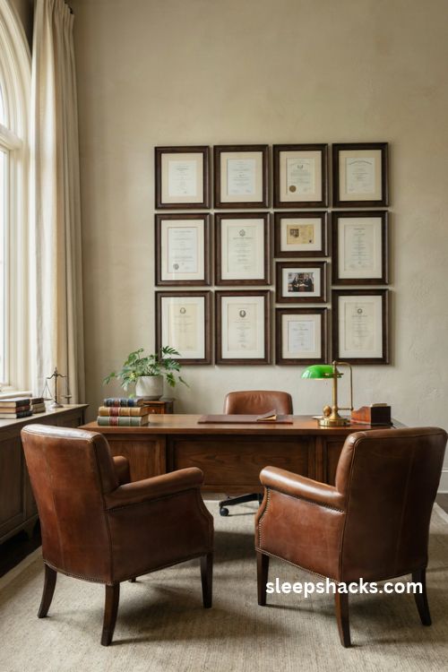 lawyer office decor with a tidy wall of diplomas awards and matching black frames behind a walnut desk