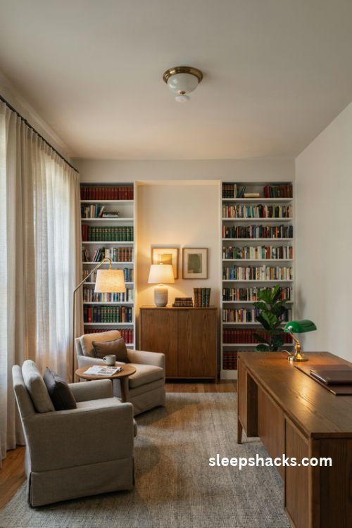 lawyer office decor with layered warm lighting table lamps and a cozy professional study atmosphere