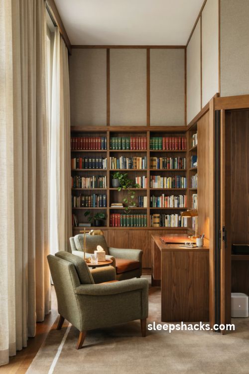 lawyer office decor with sound absorbing curtains upholstered chairs and bookshelves for a quiet private space