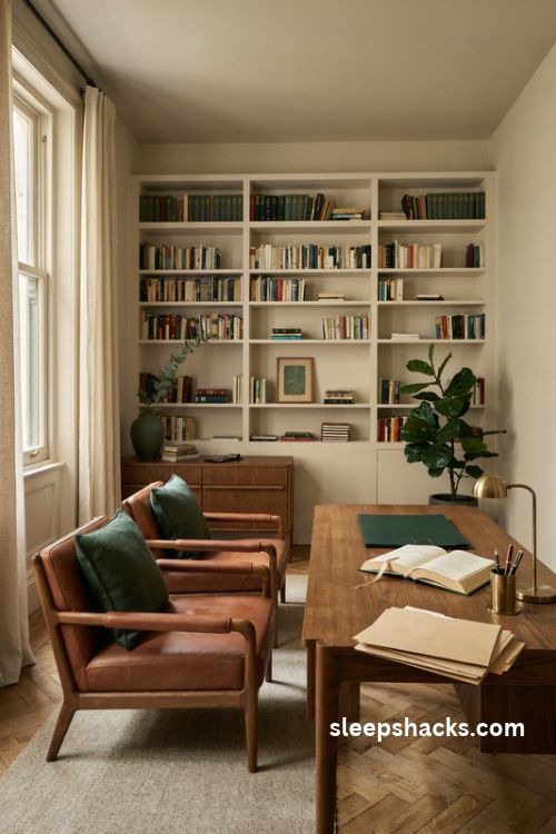 lawyer office decor with subtle forest green brand accents walnut furniture and warm neutral interiors