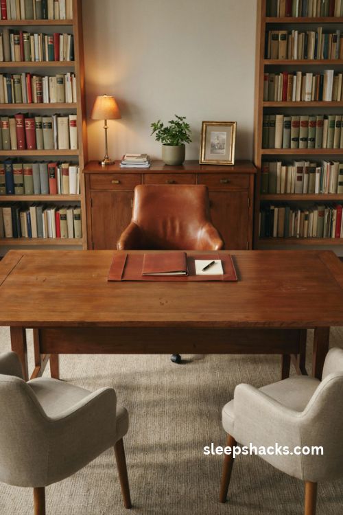 lawyer office organization with hidden file storage a walnut credenza and a clean professional desk