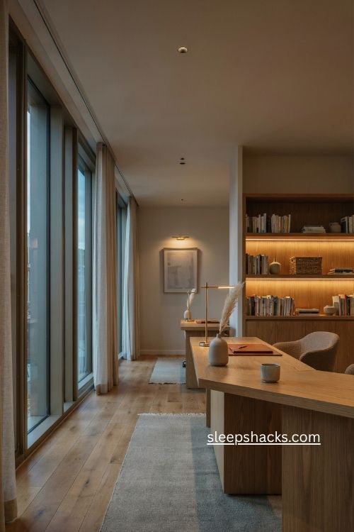 layered business office lighting with task lamps indirect light and warm ambient glow 