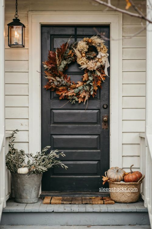 layered fall wreaths on black front door with rust leaves and dried flowers 