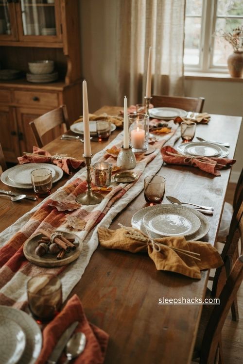 layered plaid runner with mismatched candles and autumn leaves fall table decor 