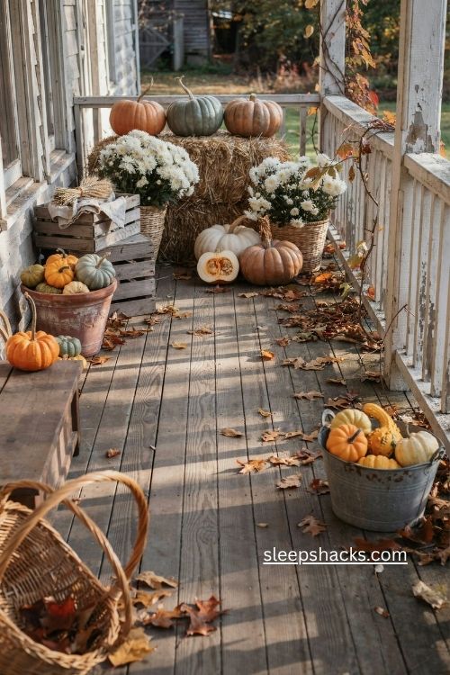 layered rustic fall porch with pumpkins hay bales white mums and woven baskets 