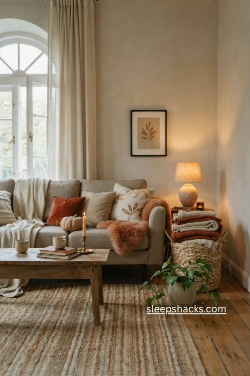 layered throws and textured pillows for cozy modern thanksgiving living room decor 