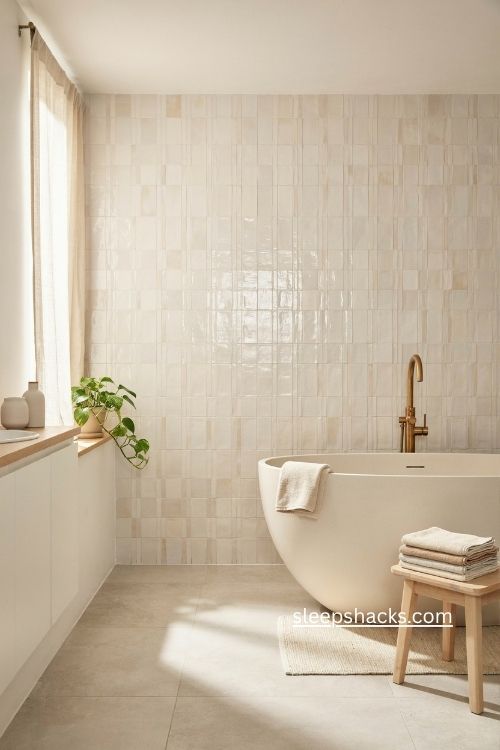 layered white bathroom with glossy tile and matte floors 