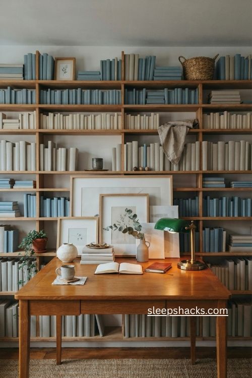 lean artwork against shelves for layered office bookshelf decor