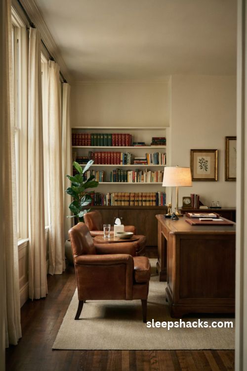 leather client seating ideas for a warm lawyer office with cognac armchairs and a cozy conversation area