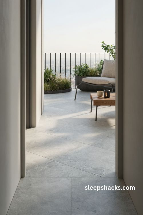 light gray concrete look porcelain tiles for a sleek modern balcony floor