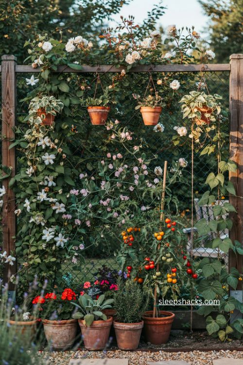 living wall hog wire fence with climbing flowers and hanging planters