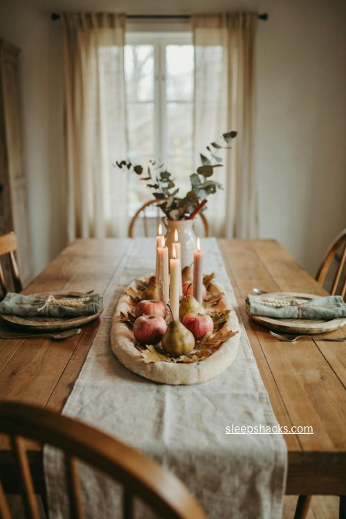 long low dough bowl with candles apples pears and autumn leaves fall table centerpiece 