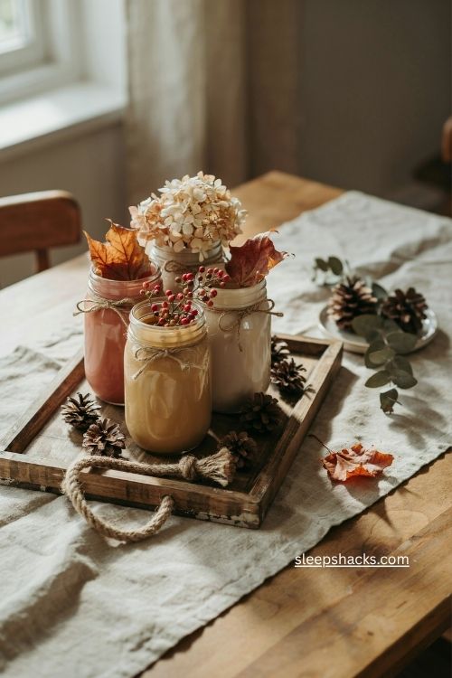 mason jar fall centerpiece with dried flowers pinecones twine and wooden tray 