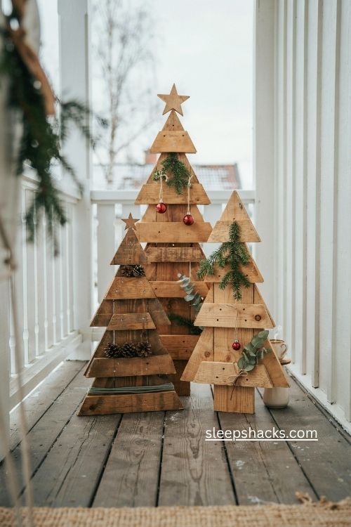 matching 2x4 Christmas trees diy three sizes graduated wooden Christmas tree porch mantel decor 