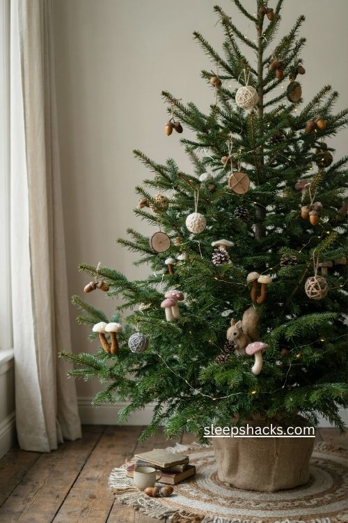 medium wide editorial interior photograph of a cozy living room christmas tree with a naturally full just-foraged woodland appearance, layered evergreen branches enriched with pinecone and deep red berry sprays tucked naturally throughout the greenery, rustic cottage christmas style with vintage forest character and handmade collected-over-time charm, deep pine green, muted forest brown, rich berry red, warm cream, and soft natural beige, clusters of rough pinecones and berry branches placed at varied depths with some stems disappearing deep into the tree and others extending gently toward the outer edges, stems angled to follow the natural direction of the branches, filling sparse areas while creating layered dimension, subtle burlap, aged wood ornaments, simple plaid accents, uneven handmade textures and natural materials blending with the sprays, warm soft window light combined with a gentle glow from the christmas lights, soft colors that change the mood instantly, old textures that add warmth and depth, simple details that create lasting charm, cozy nostalgic woodland atmosphere with the feeling of a tree freshly gathered and filled from a forest walk, no people, no text, no watermarks, no blur, no bokeh, all surfaces in sharp focus, photorealistic, 4K resolution, editorial interior photography, Pinterest-worthy 