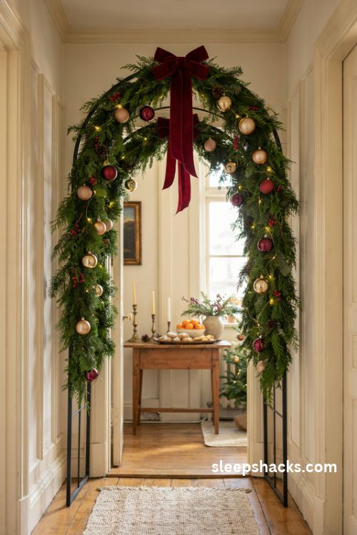 metal frame Christmas arch with evergreen garland and oversized ornaments