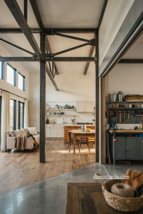 metal framed modern barndominium floor plan with exposed steel beams and open interior 