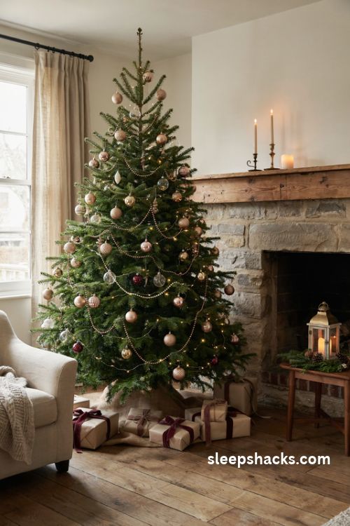 metallic christmas tree accents with antique brass candleholders glowing lanterns and warm holiday lights