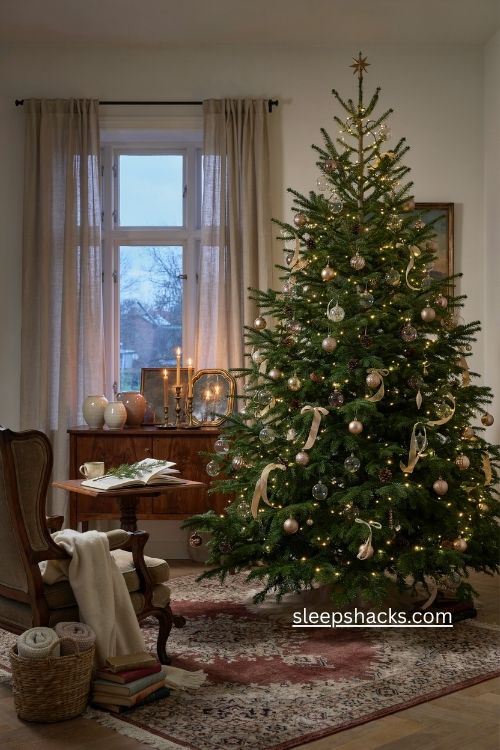 microdot norway spruce christmas tree with warm golden lights and vintage ornaments 