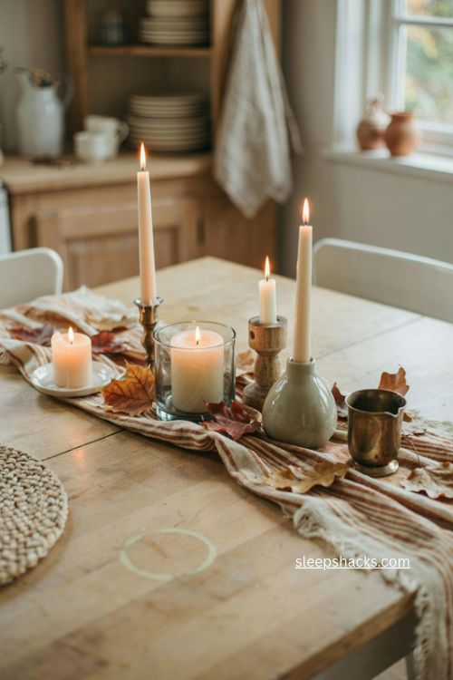 mismatched brass glass wood and ceramic candle holders simple fall table centerpiece 
