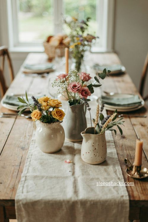 mismatched neutral pitchers with rust yellow flowers simple fall table centerpiece 