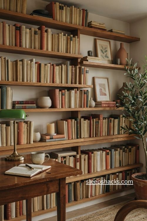 mix books with decorative objects for cozy office bookshelf decor